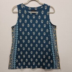 J Jill Wearever Layering Tank Top Medium Green Blue‎ Floral Relaxed Stretch